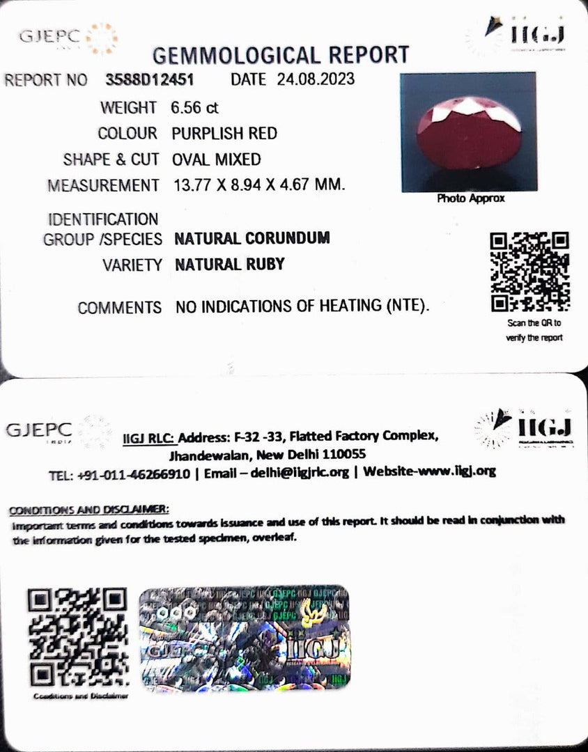 6.56/CT Natural Indian Ruby with Govt. Lab Certificate (1221)