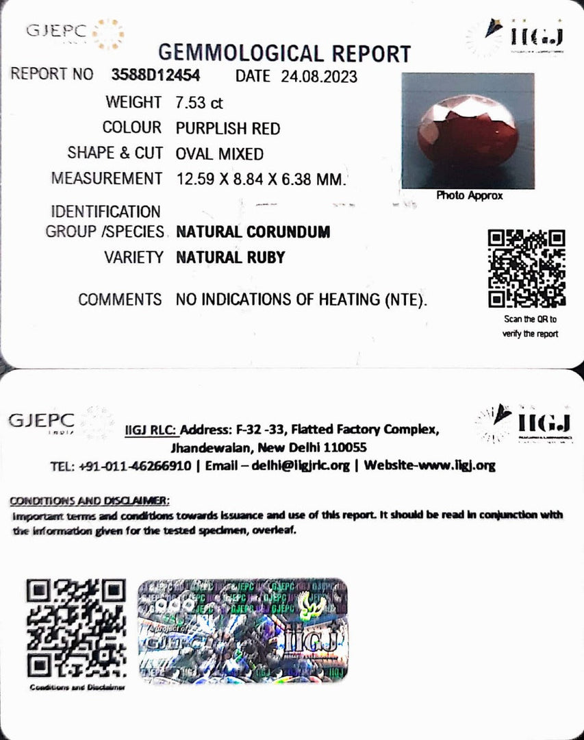 7.53/CT Natural Neo Burma Ruby with Govt. Lab Certificate (2331)
