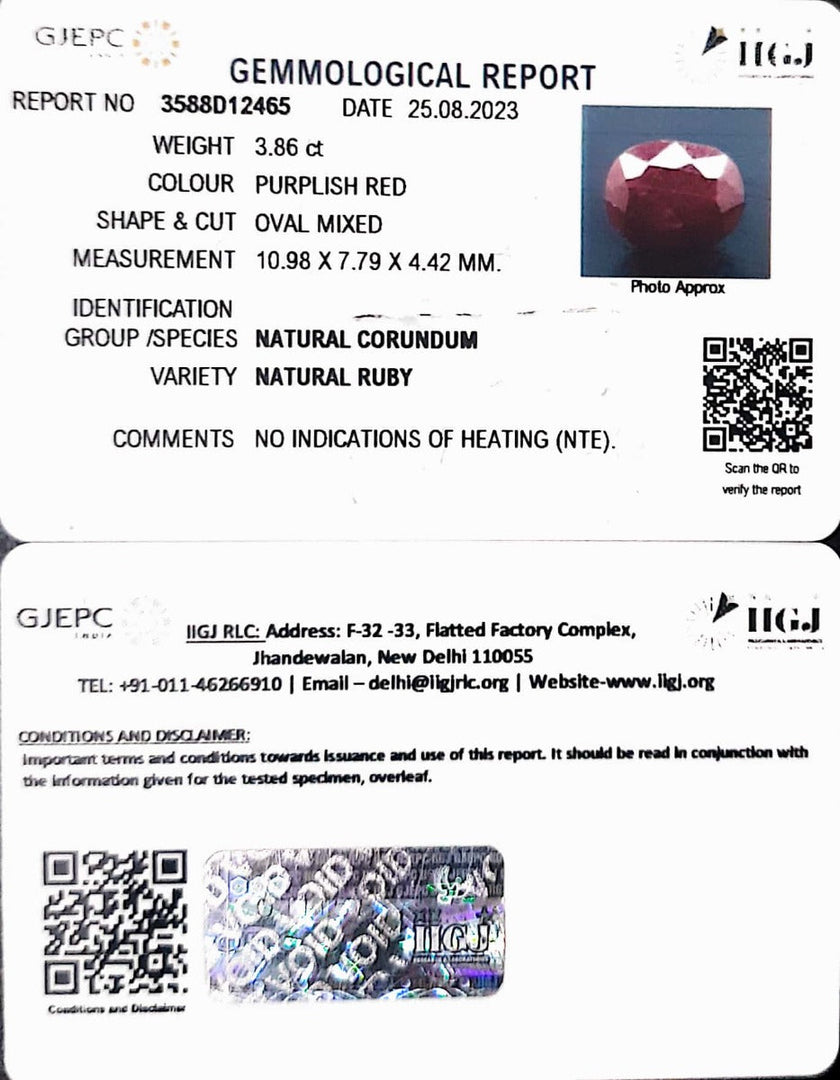 3.86/CT Natural Indian Ruby with Govt. Lab Certificate (1221)