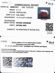 5.71/CT Natural Indian Ruby with Govt. Lab Certificate (1221)
