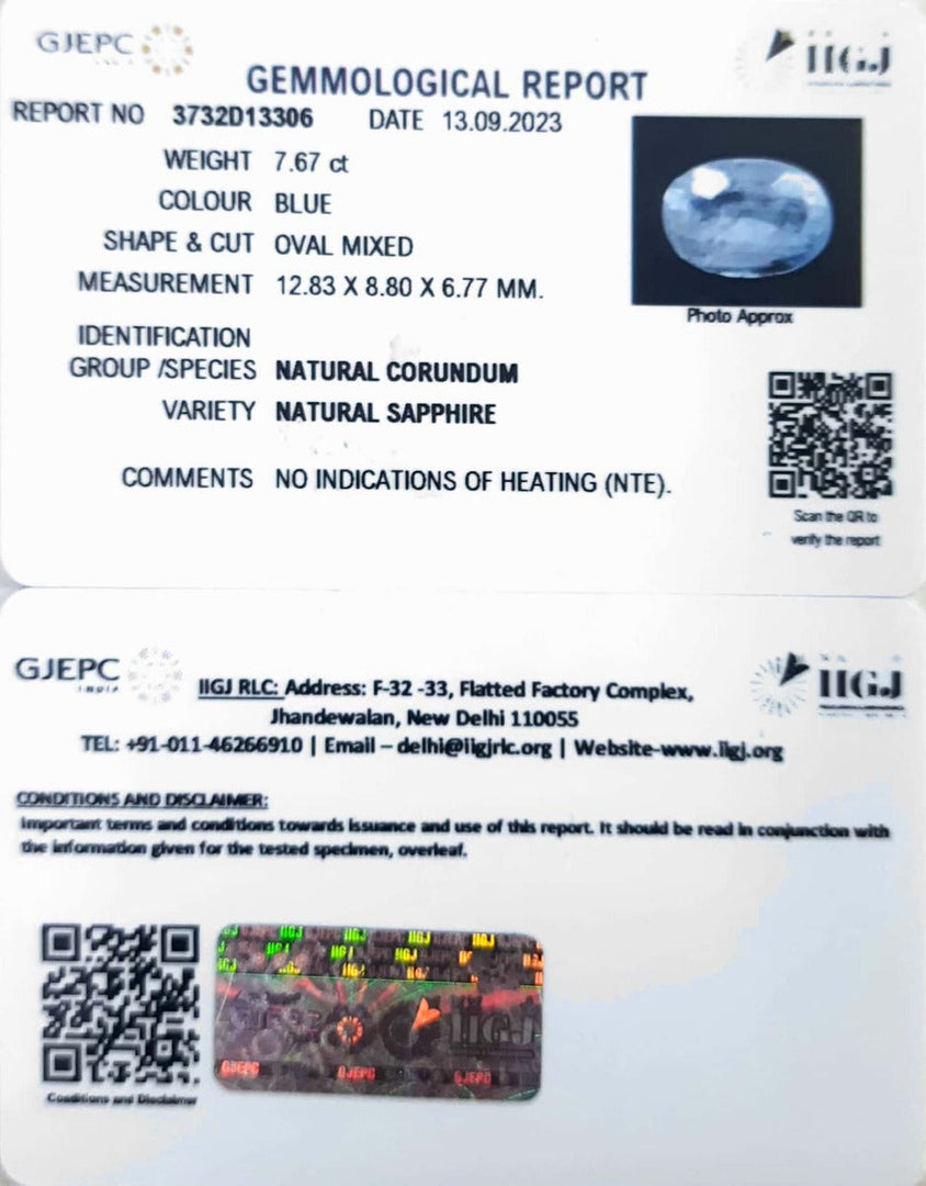 7.67/CT Natural Blue Sapphire with Govt Lab Certificate (23310)
