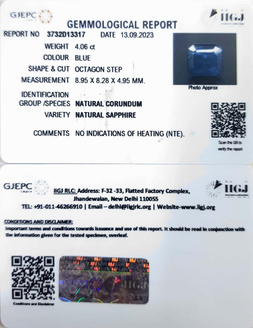 4.06/Carat Natural Blue Sapphire with Govt Lab Certificate (8991)