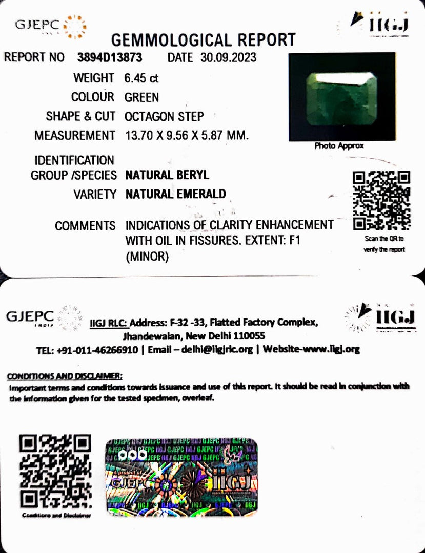 6.45/CT Natural Panna Stone with Govt. Lab Certificate (1221)