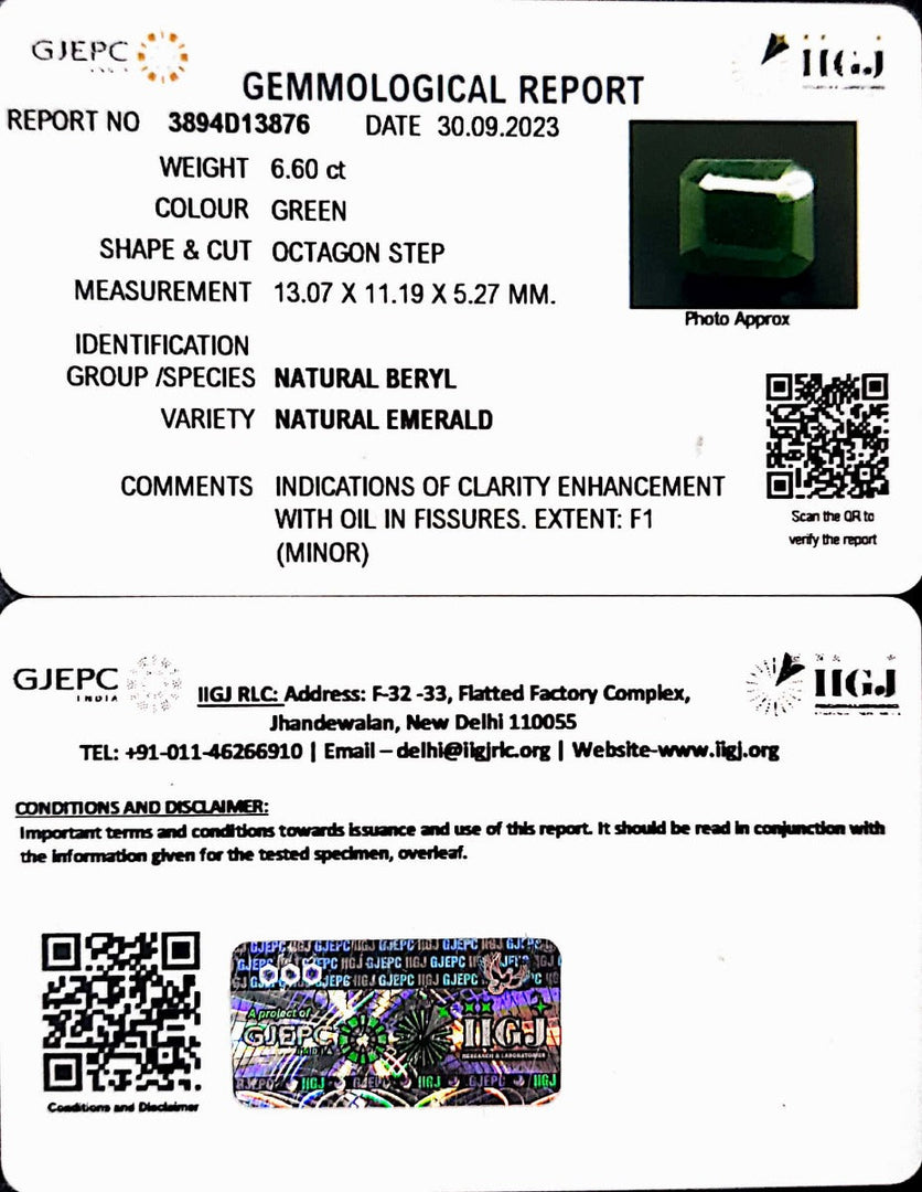 6.60/CT Natural Panna Stone with Govt. Lab Certificate (2331)