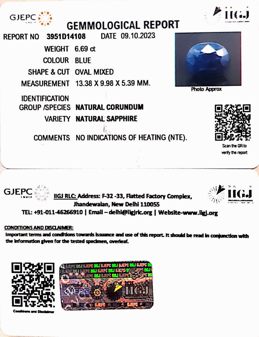 6.69/CT Natural Blue Sapphire with Govt Lab Certificate (2331)