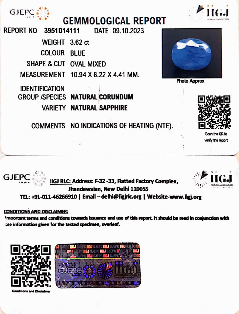 3.62/Carat Natural Blue Sapphire with Govt Lab Certificate (6771)