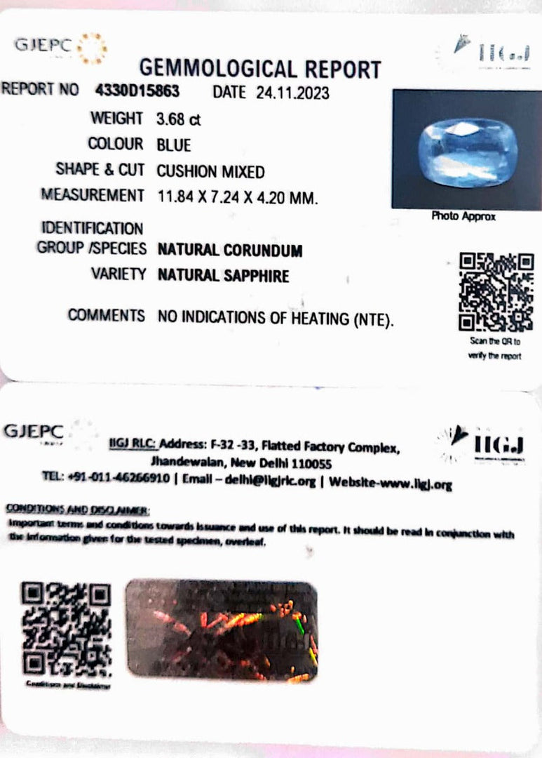 3.68/Carat Natural Blue Sapphire with Govt Lab Certificate-BLUSA9V