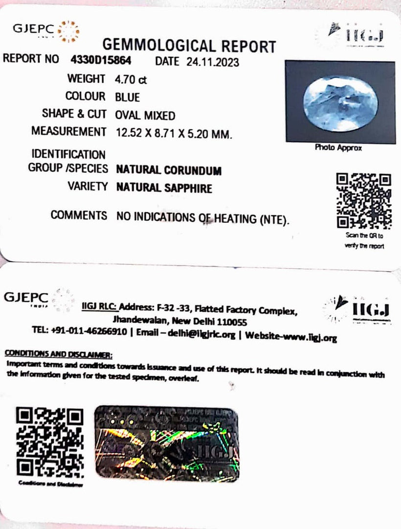 4.70/CT Natural Blue Sapphire with Govt Lab Certificate-BLUSA9U