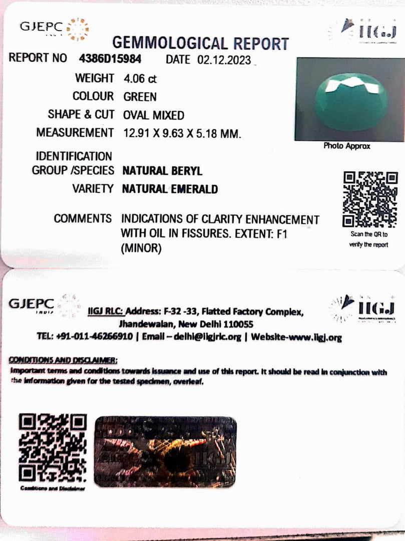 4.06/CT Natural Panna Stone with Govt. Lab Certificate (6771)