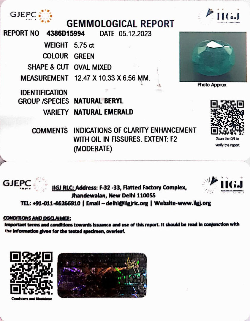 5.75/CT Natural Panna Stone with Govt. Lab Certificate (23310)