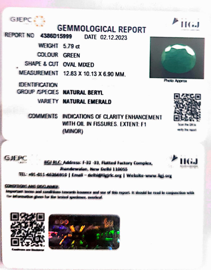 5.79/CT Natural Panna Stone with Govt. Lab Certificate (3441)