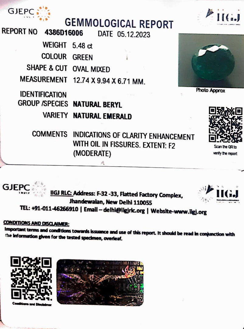 5.48/CT Natural Panna Stone with Govt. Lab Certificate (34410)