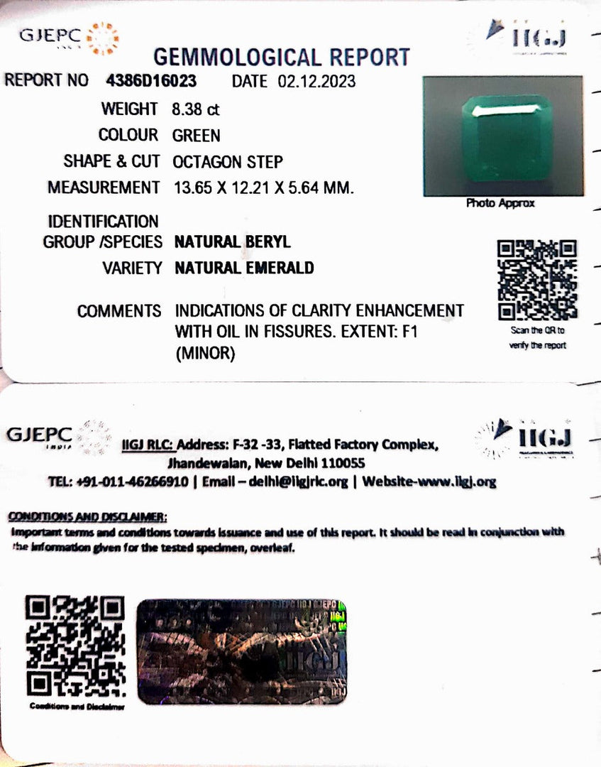 8.38/CT Natural Panna Stone with Govt. Lab Certificate (12210)
