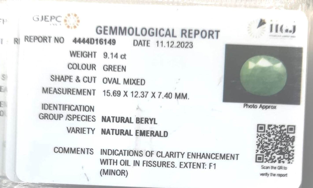 9.14/CT Natural Panna Stone with Govt. Lab Certificate (1221)
