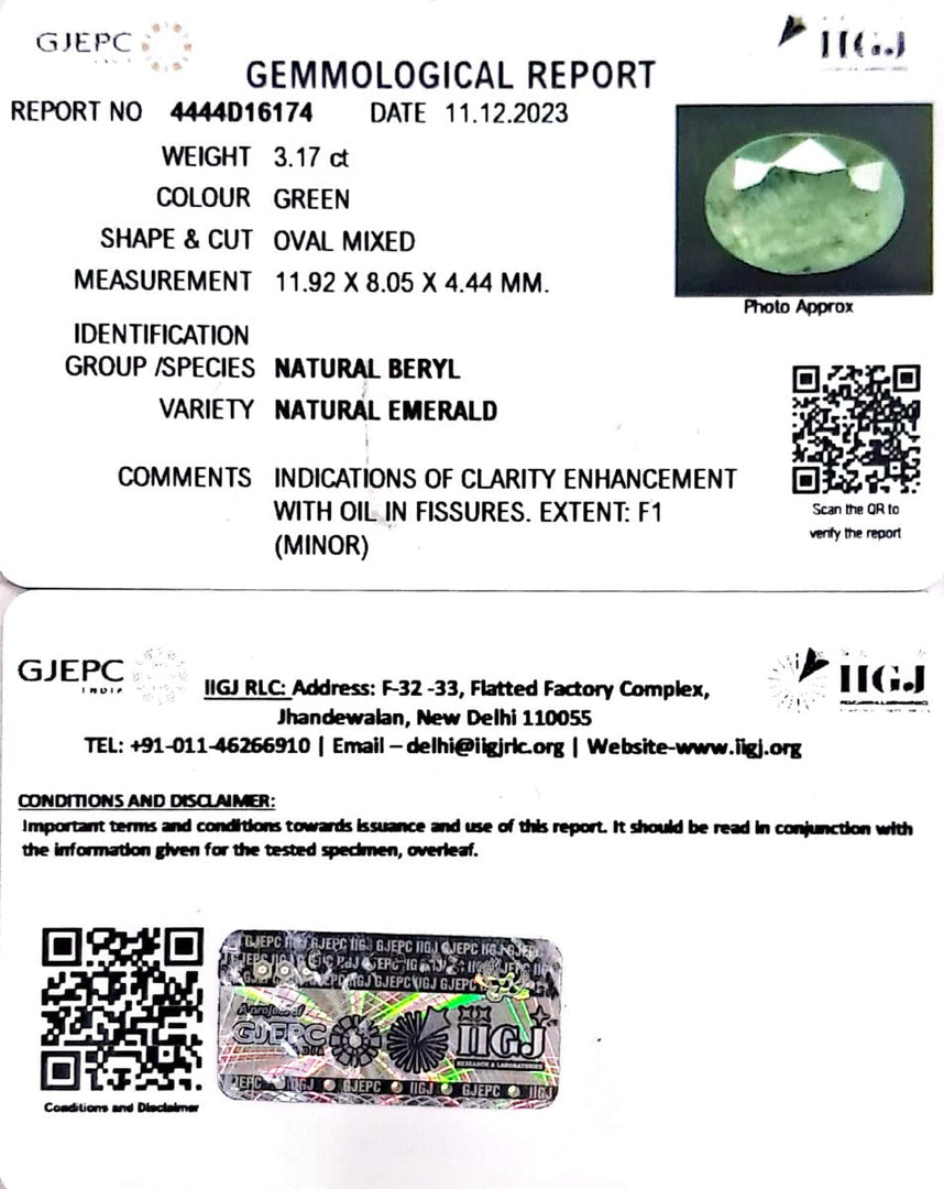 3.17/CT Natural Panna Stone with Govt. Lab Certificate (3441)