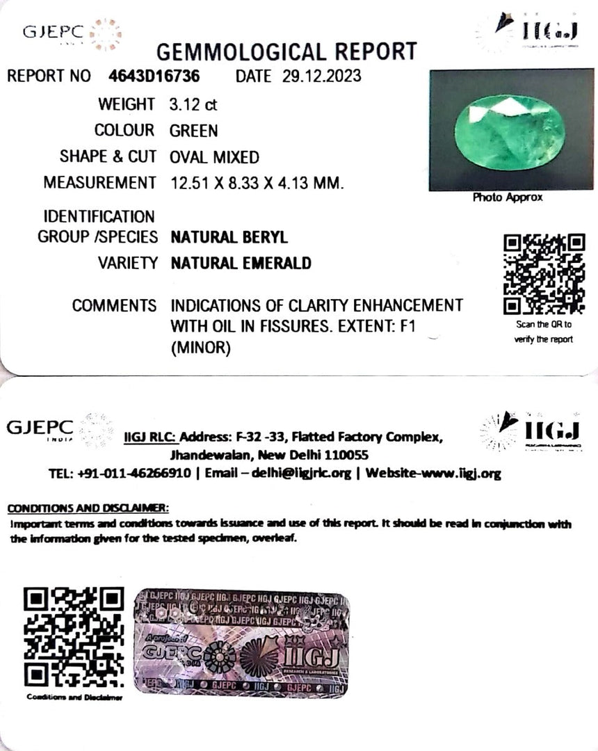 3.12/CT Natural Panna Stone with Govt. Lab Certificate (12210)