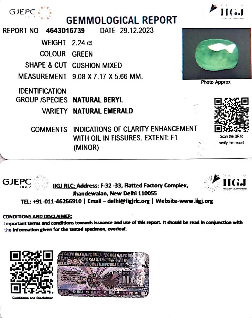 2.24/CT Natural Panna Stone with Govt. Lab Certificate (8991)