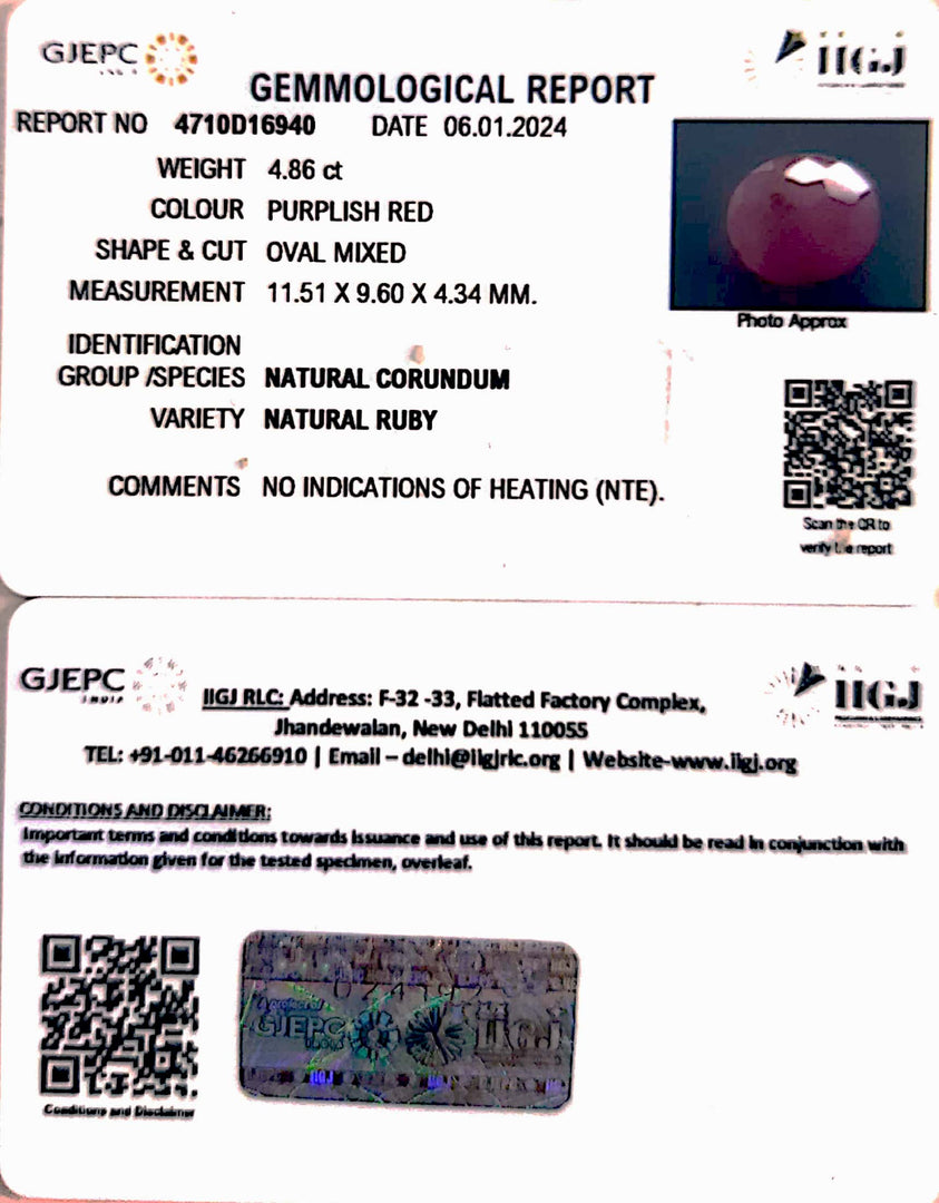 4.86/CT Natural Ruby Stone With Govt. Lab Certificate-4710D16940