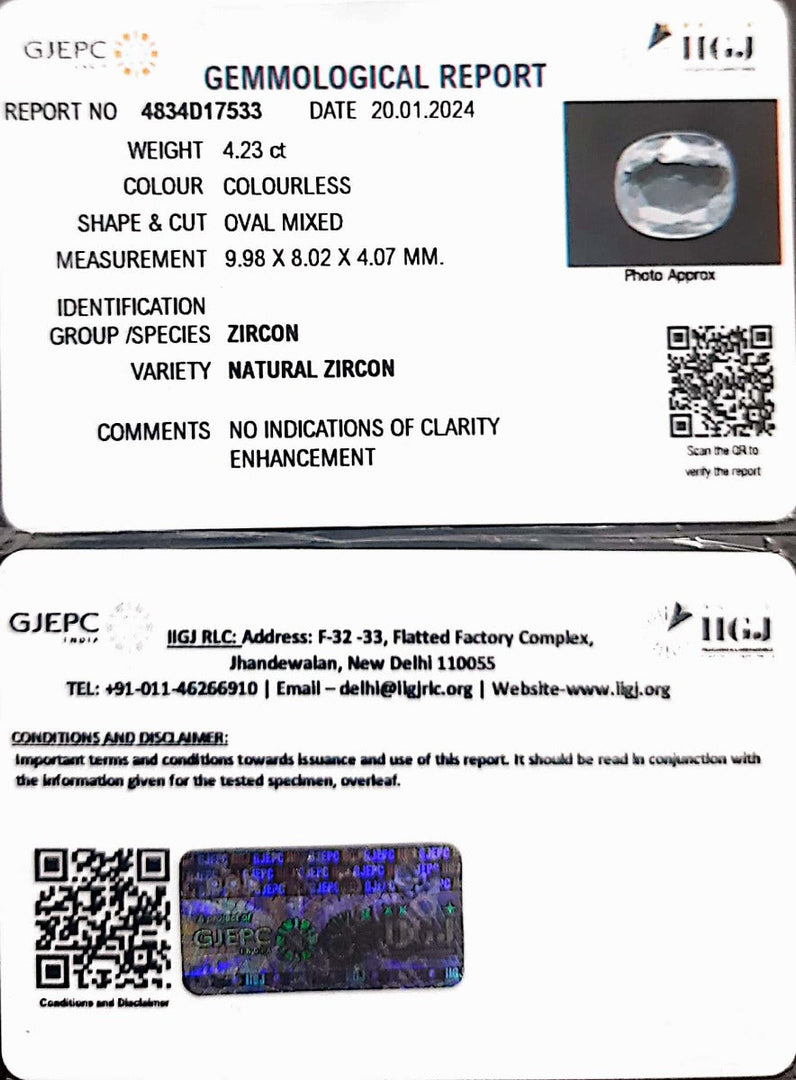 4.23/CT Natural Zircon with Govt. Lab certificate (4551)