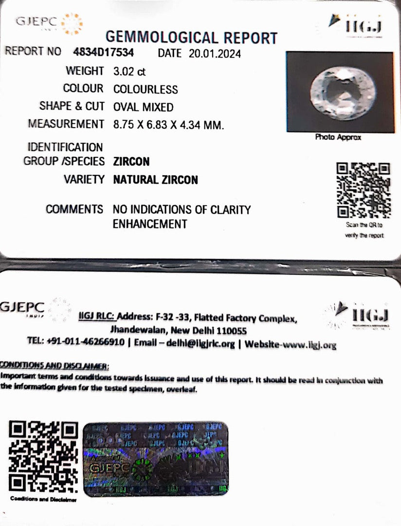 3.02/CT Natural Zircon with Govt. Lab certificate (4551)