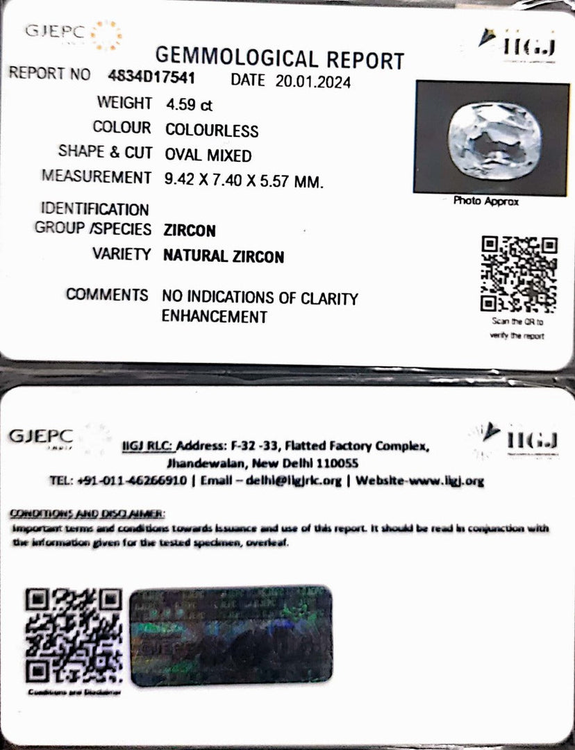 4.59/CT Natural Zircon with Govt. Lab certificate (4551)