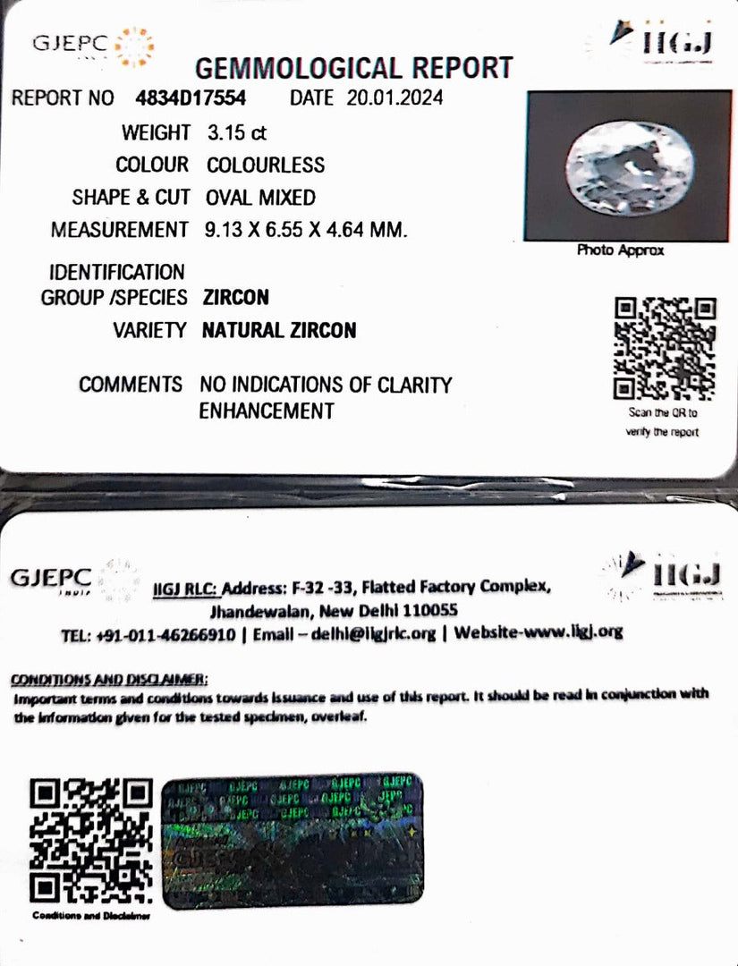 3.15/CT Natural Zircon with Govt. Lab certificate (4551)
