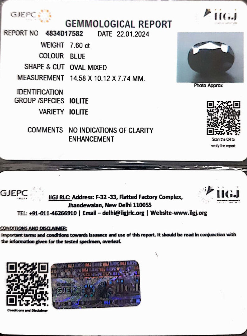 7.60/CT Natural Iolite with Govt Lab Certificate (1221)