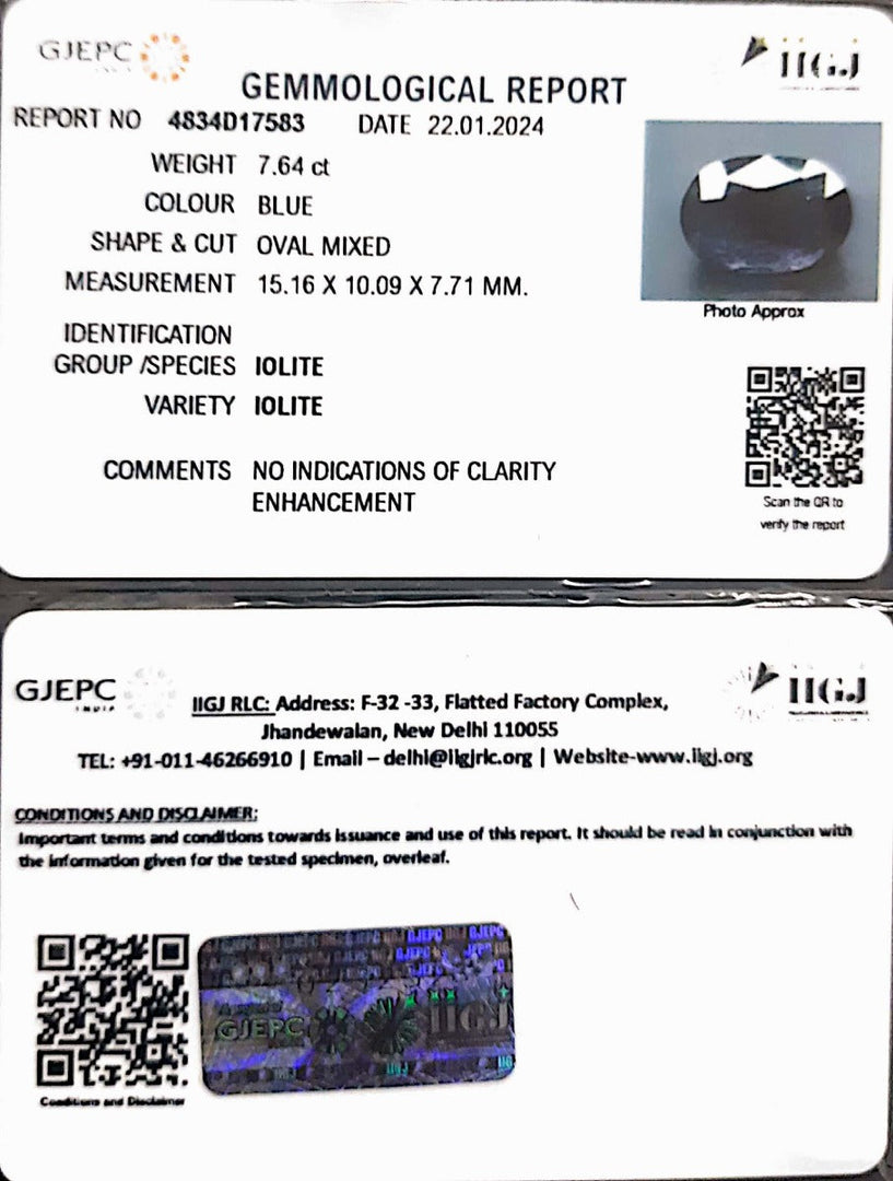 7.64/CT Natural Iolite with Govt Lab Certificate (1221)