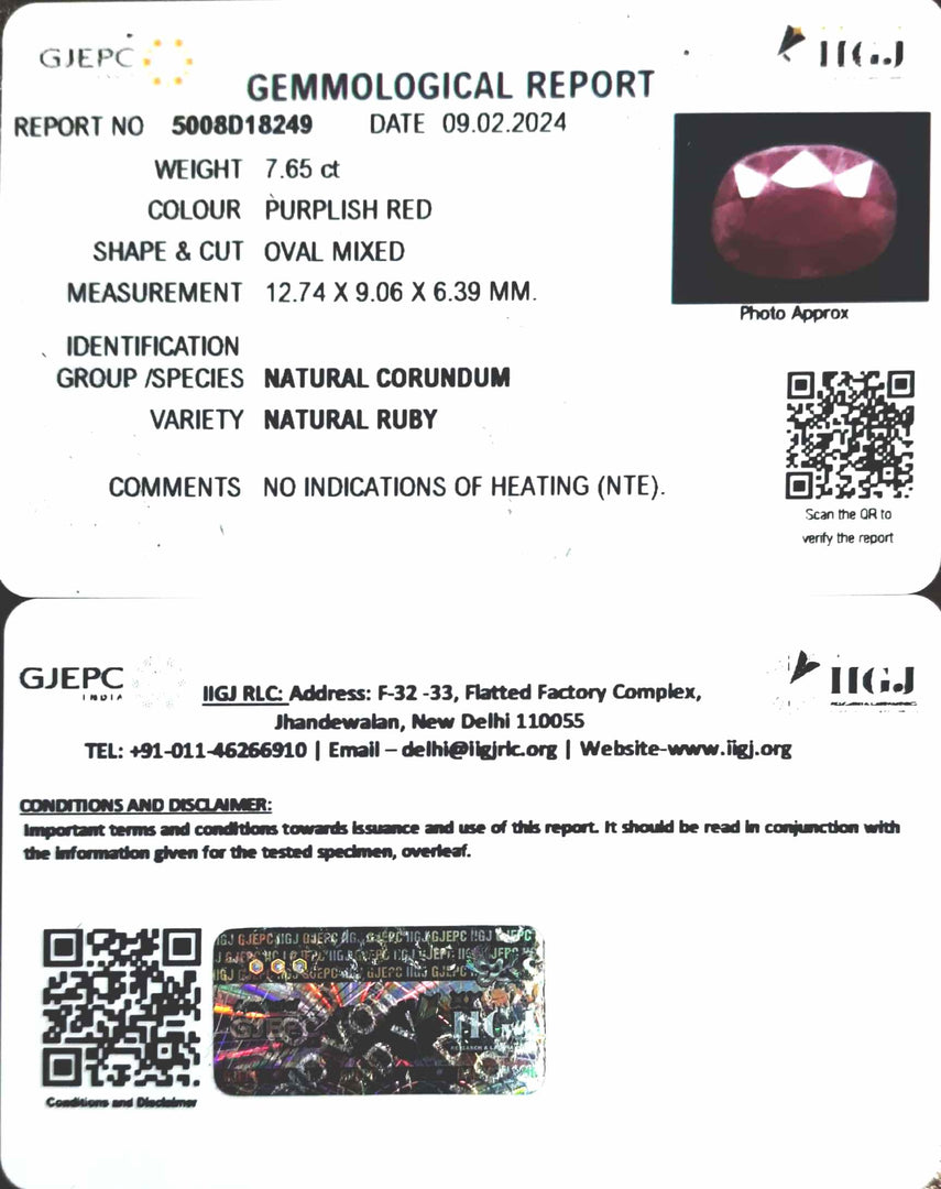 7.65/CT Natural Ruby Stone with Govt. Lab Certificate-5008D18249