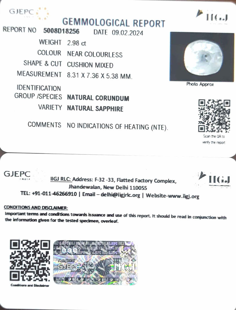 2.98/CT Natural White Sapphire with Govt Lab Certificate-5008D18256