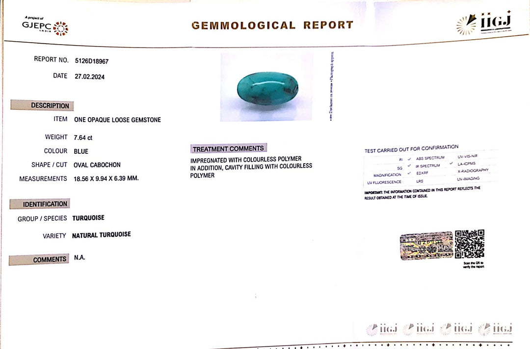 7.64/CT Natural Govt. Lab Certified Turquoise (1221)