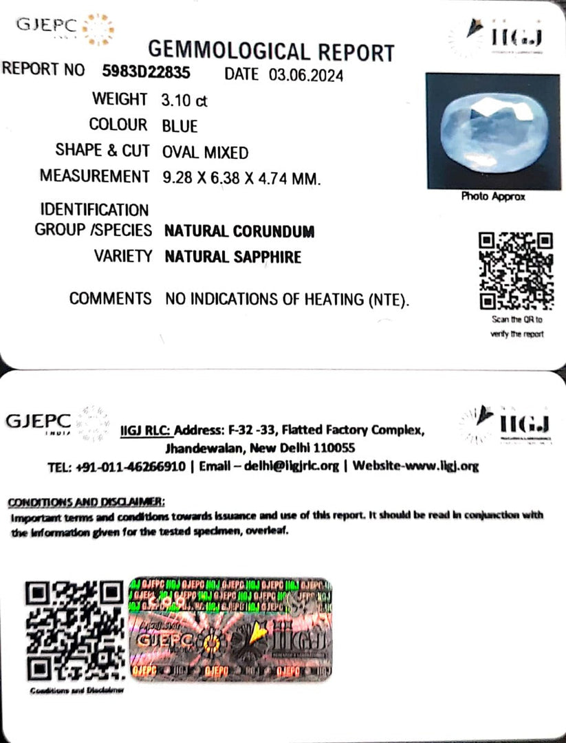 3.10/CT Natural Blue Sapphire with Govt Lab Certificate-4551