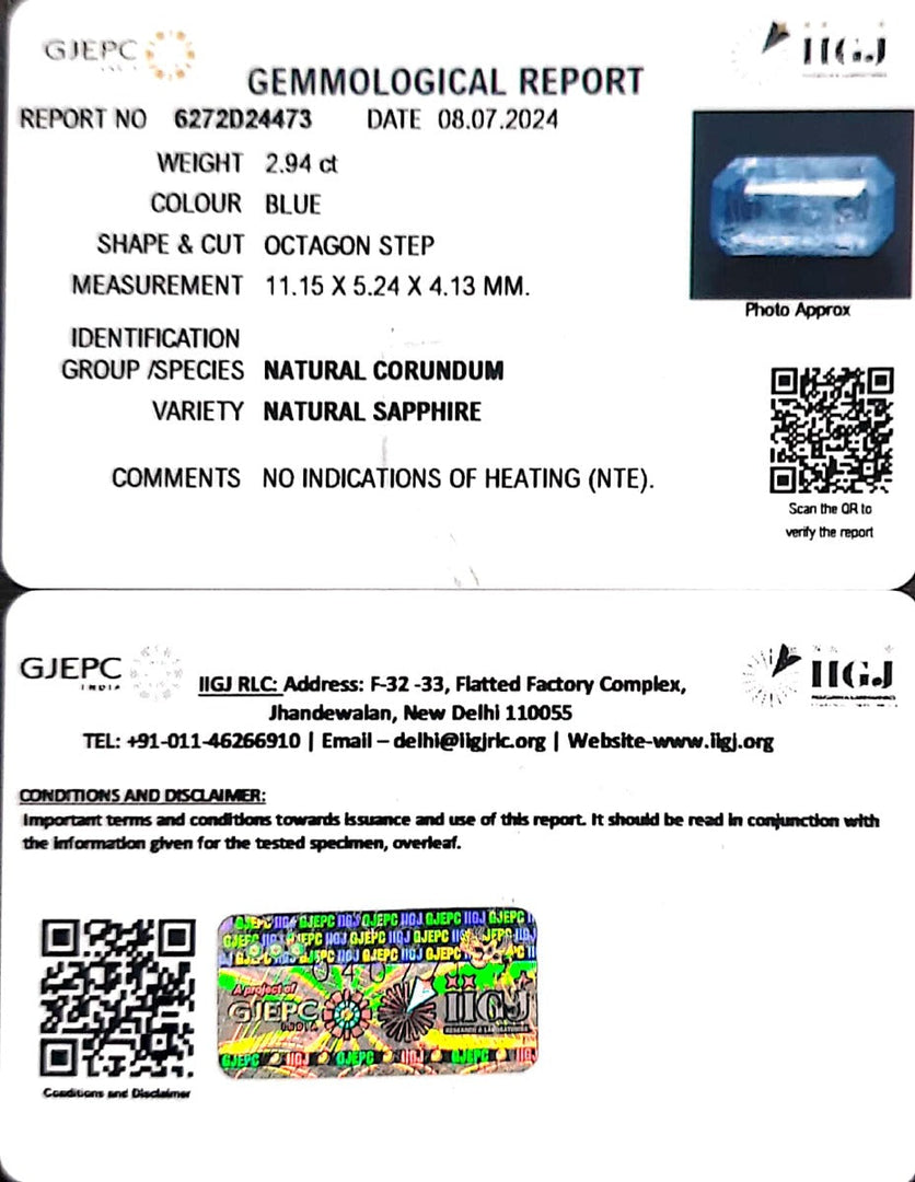 2.94/CT Natural Blue Sapphire with Govt Lab Certificate-16650