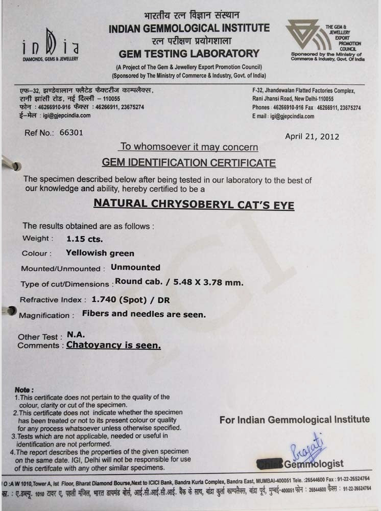 1.15/CT Natural Chrysoberyl Cat's Eye with Govt. Lab Certificate-66301