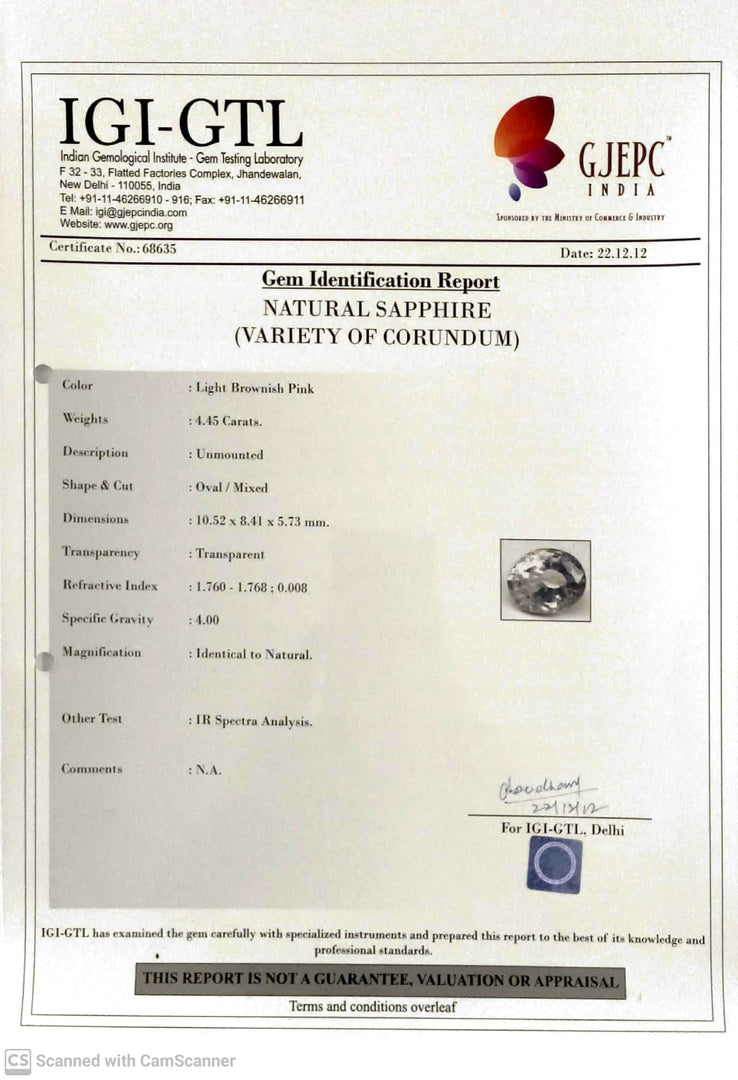 4.45/CT Natural Pink Sapphire with Govt Lab Certificate-68635