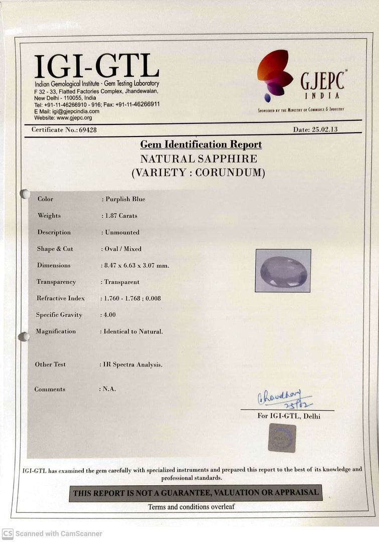 1.87/CT Natural Purple Sapphire with Govt Lab Certificate-69428