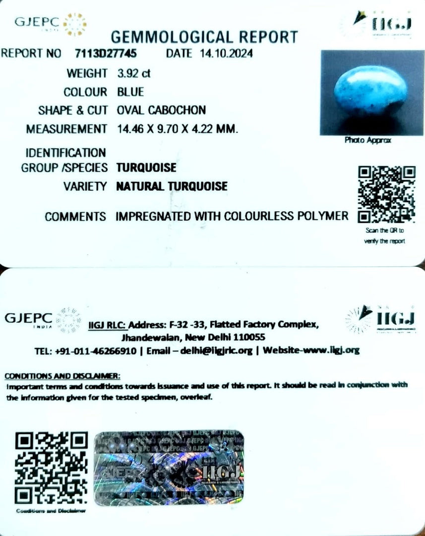 3.92/CT Natural Turquoise With Govt. Lab Certificate-1221