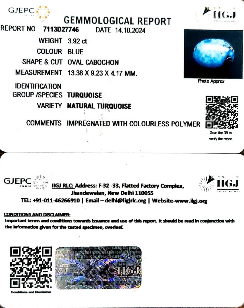 3.92/CT Natural Turquoise With Govt. Lab Certificate-1221