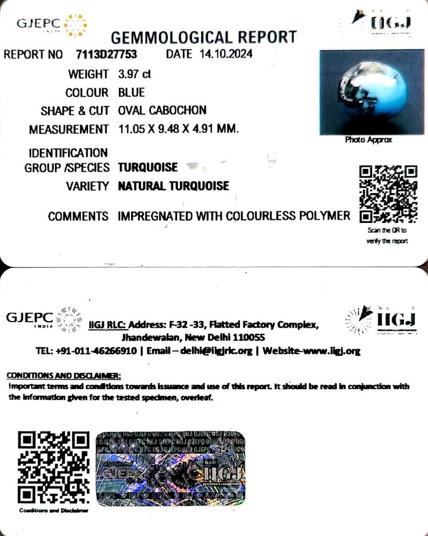 3.97/CT Natural Turquoise With Govt. Lab Certificate-1221