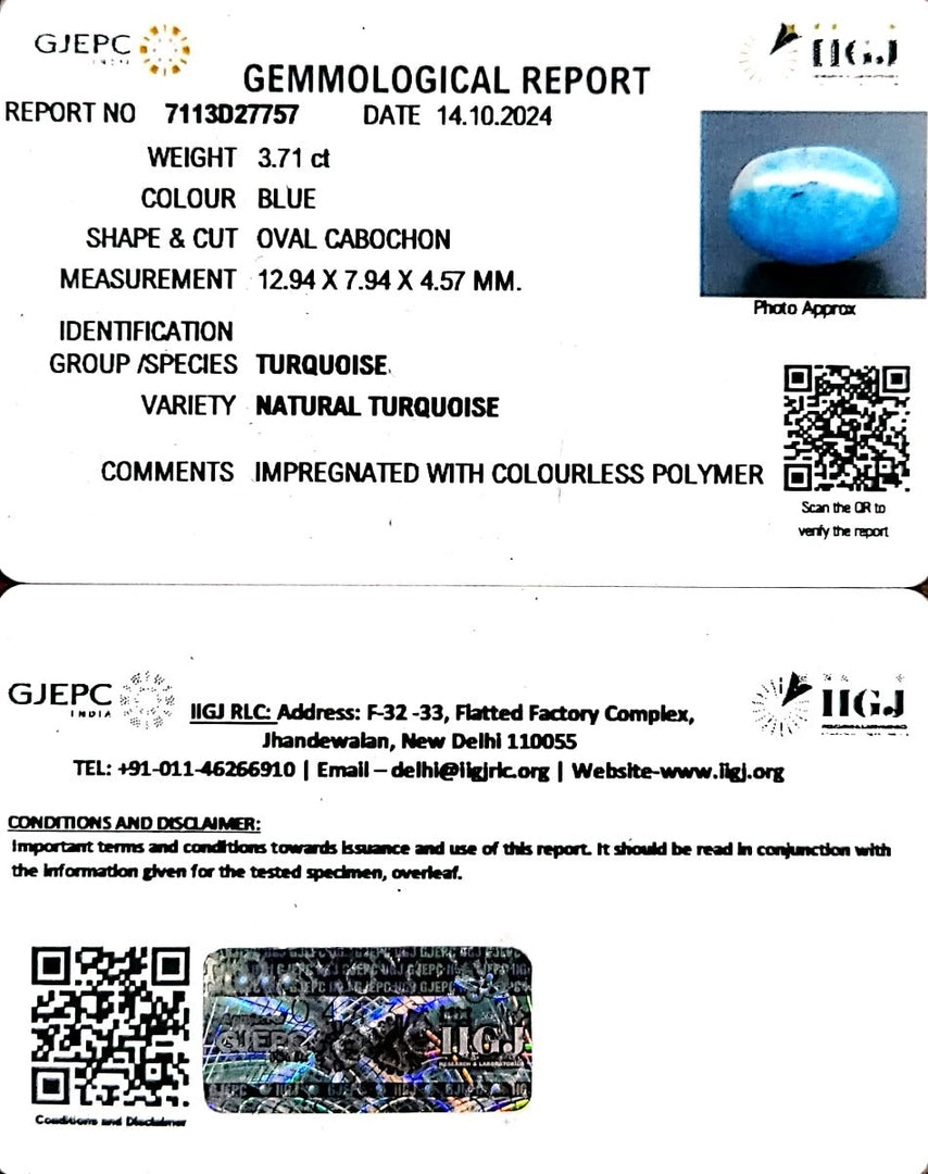 3.71/CT Natural Turquoise With Govt. Lab Certificate-1221