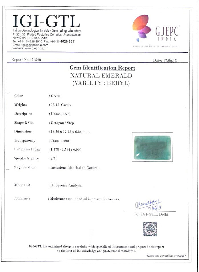 13.18/CT Natural Certified Emerald Gemstone -71548