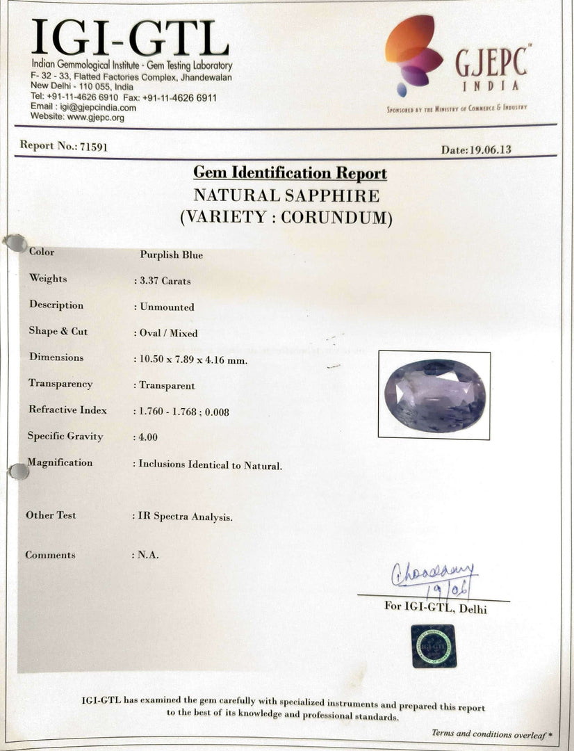 3.37/CT Natural Purple Sapphire Stone with Govt. Lab Certificate-71591