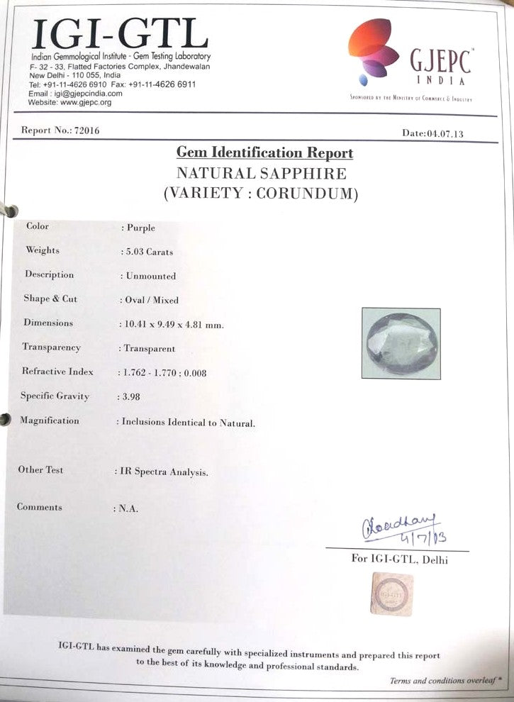 5.03/CT Natural Purple Sapphire with Govt. Lab Certificate-72016