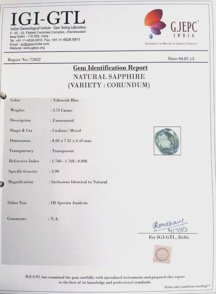 4.68/CT Natural Pitambari Sapphire with Govt Lab Certificate-72022
