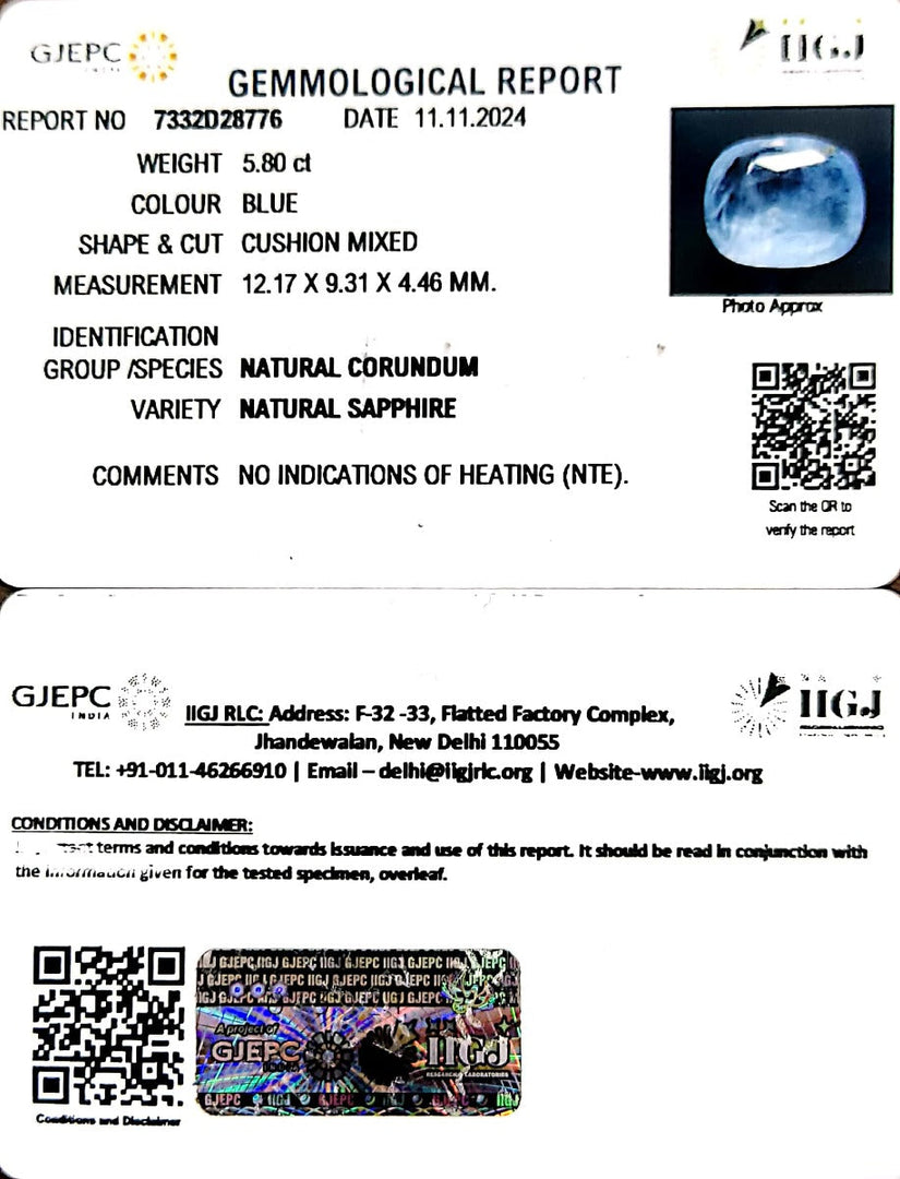 5.80/CT Natural Blue Sapphire with Govt Lab Certificate-12210