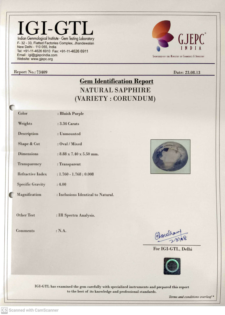 3.34/CT Natural Purple Sapphire with Govt. Lab Certificate-73409