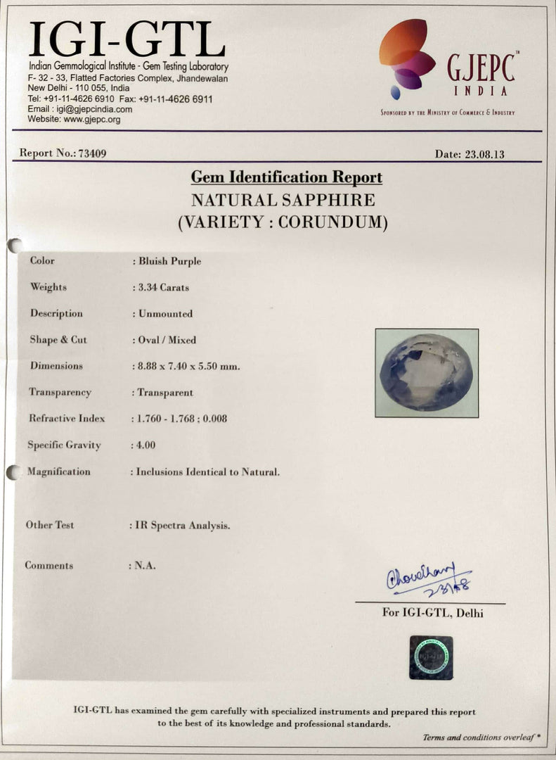 3.34/CT Natural Purple Sapphire Stone with Govt. Lab Certificate-73409