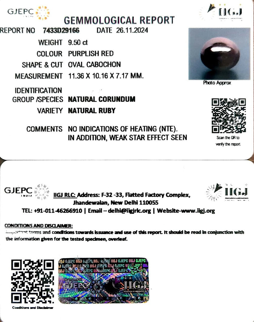 9.50/CT Natural Cabochon Ruby with Govt. Lab Certificate-1665