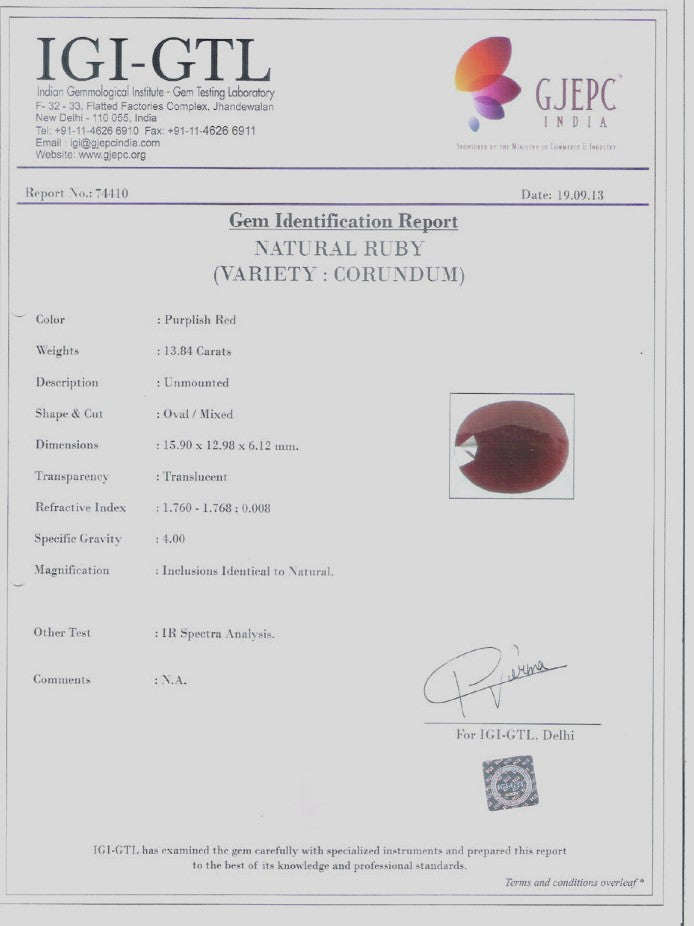 13.84/CT Natural Ruby with Govt. Lab Certificate-74410