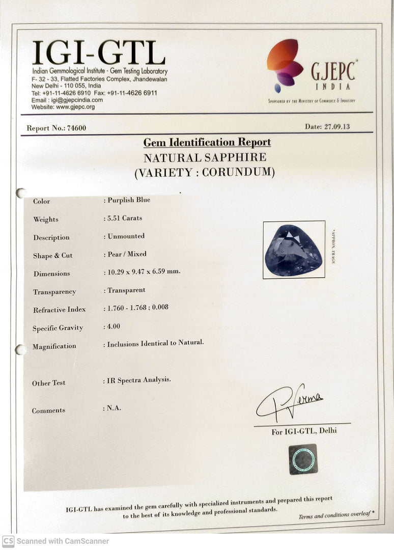 5.51/CT Natural Purple Sapphire with Govt. Lab Certificate-74600